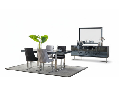 Zwart-grijze eetkamermeubels rechthoekige eettafel 4x textiel stoelen