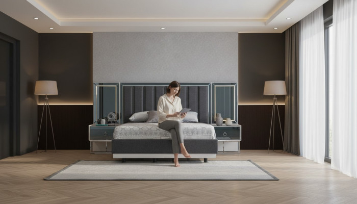 Grijze slaapkamer set: roestvrijstalen bed met 2 houten nachtkastjes, 3-delige set.