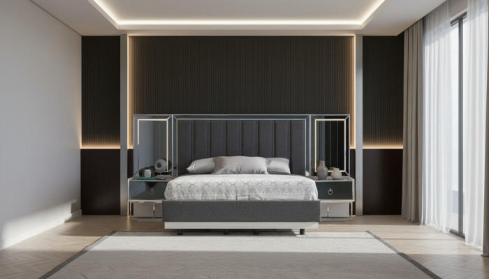 Grijze slaapkamer set: roestvrijstalen bed met 2 houten nachtkastjes, 3-delige set.