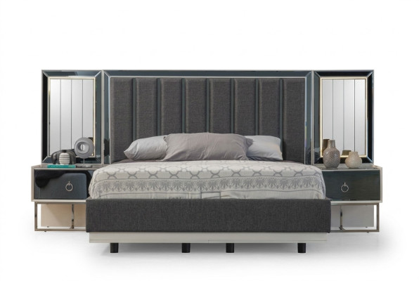Grijze slaapkamer set: roestvrijstalen bed met 2 houten nachtkastjes, 3-delige set.