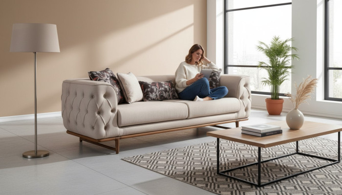 Helle beige Chesterfield driezitsbank Luxe 3-zitsbank Nobele gestoffeerde banken