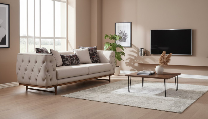 Helle beige Chesterfield driezitsbank Luxe 3-zitsbank Nobele gestoffeerde banken