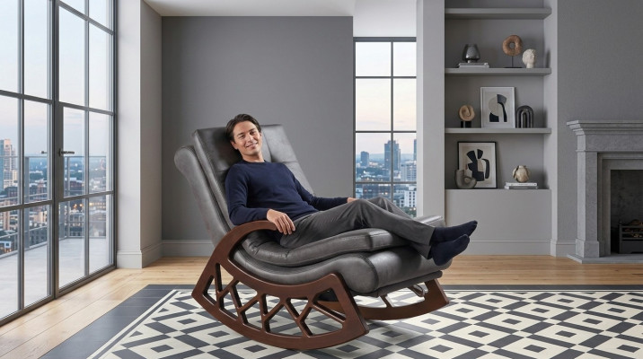 Exclusieve grijze schommelstoel woonkamer relax meubel houten frame nieuw