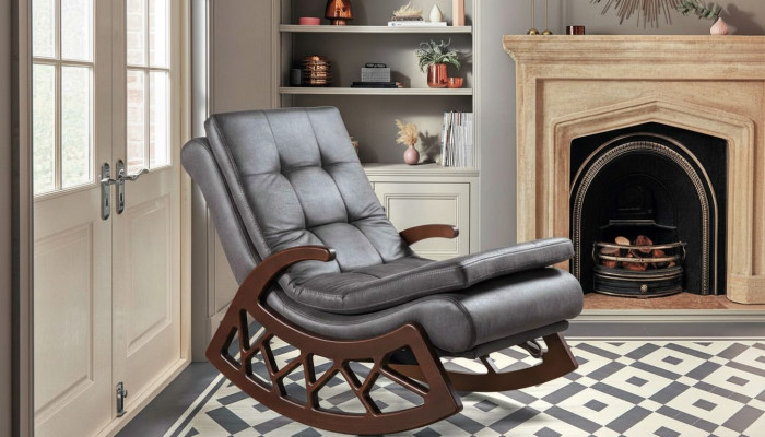 Exclusieve grijze schommelstoel woonkamer relax meubel houten frame nieuw