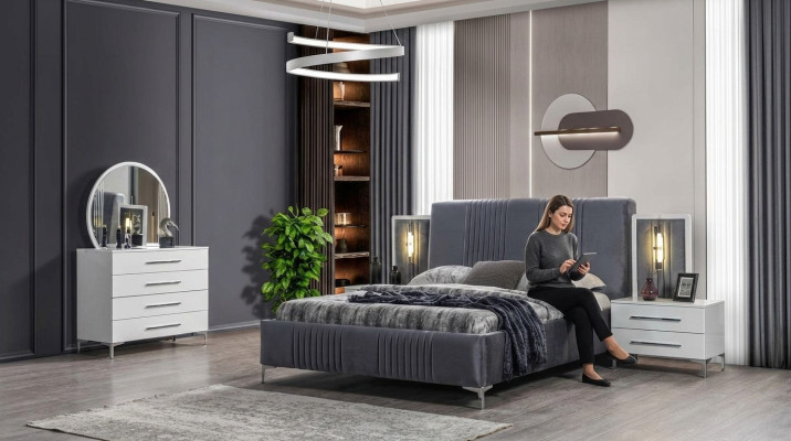 Stijlvolle slaapkamerset Grijze tweepersoonsbed Houten nachtkastjes 5-delig