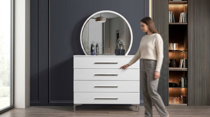 Vierdelige witte slaapkamercommode ontwerper glazen ronde spiegel 2-delige set