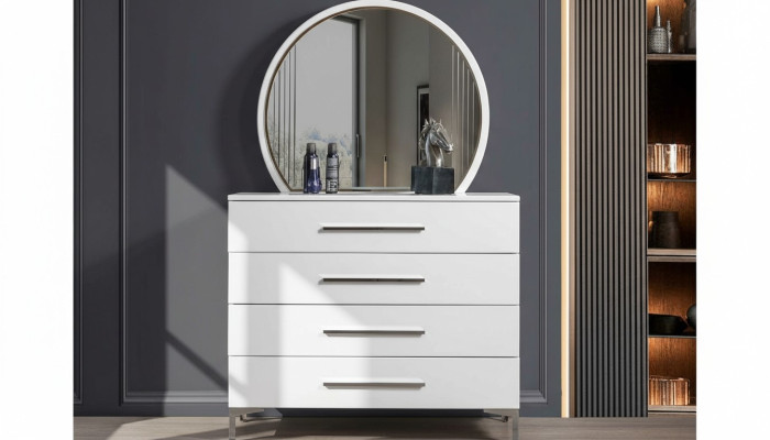 Vierdelige witte slaapkamercommode ontwerper glazen ronde spiegel 2-delige set