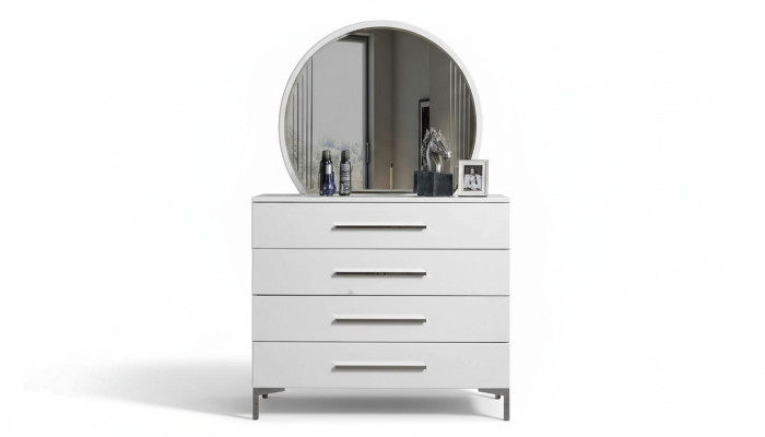 Vierdelige witte slaapkamercommode ontwerper glazen ronde spiegel 2-delige set