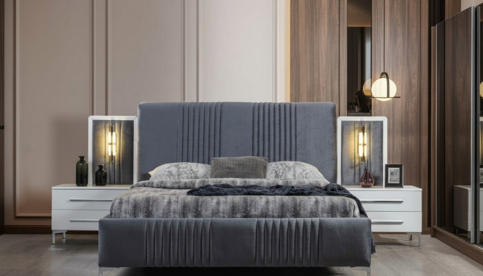 Modern grijs tweepersoonsbed met 2 houten nachtkastjes slaapkamer set