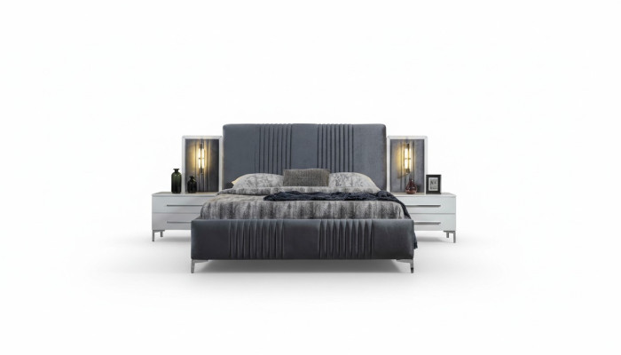 Modern grijs tweepersoonsbed met 2 houten nachtkastjes slaapkamer set