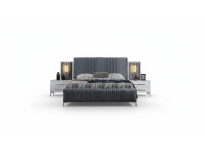 Modern grijs tweepersoonsbed met 2 houten nachtkastjes slaapkamer set