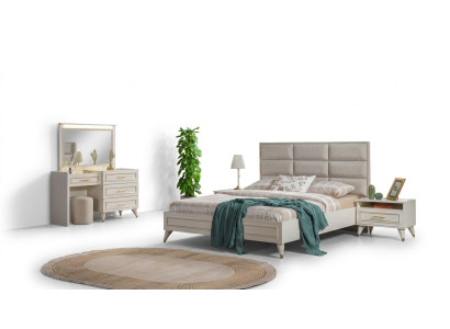 Grote slaapkamer set, tweepersoonsbed, kaptafel, krukje, spiegel, 6-delig.