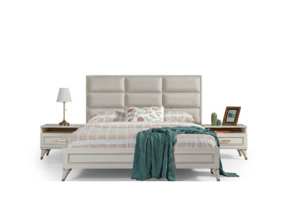 Witte slaapkamer set, gestoffeerd tweepersoonsbed, 2 houten nachtkastjes, 3-delig