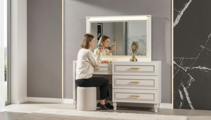 Edele slaapkamer meubels Witte kaptafel Spiegel Poef 3-delig