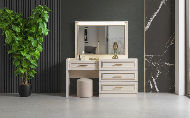 Edele slaapkamer meubels Witte kaptafel Spiegel Poef 3-delig