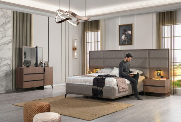 Grijs-bruin tweepersoonsbed exclusieve slaapkamer commode spiegel 5-delig set