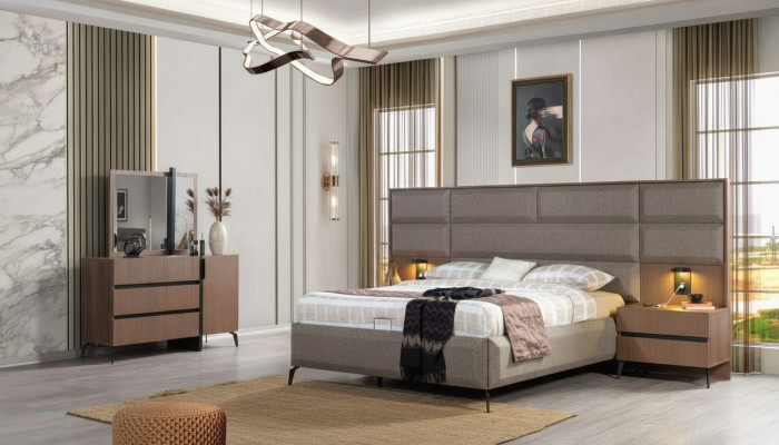 Grijs-bruin tweepersoonsbed exclusieve slaapkamer commode spiegel 5-delig set