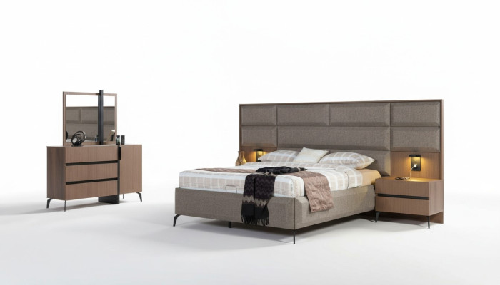 Grijs-bruin tweepersoonsbed exclusieve slaapkamer commode spiegel 5-delig set