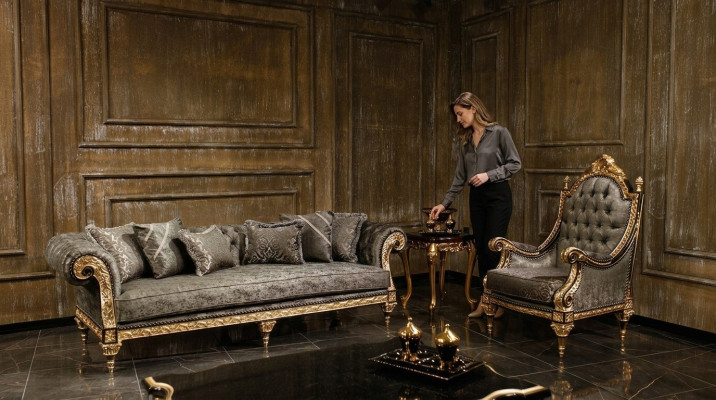 Klassieke grijze bankstel 3+1 zits Luxe design salontafel