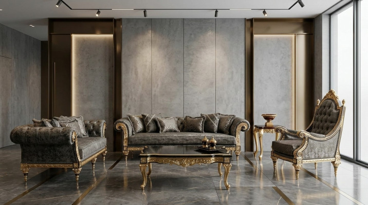 Klassieke grijze bankstel 3+1 zits Luxe design salontafel