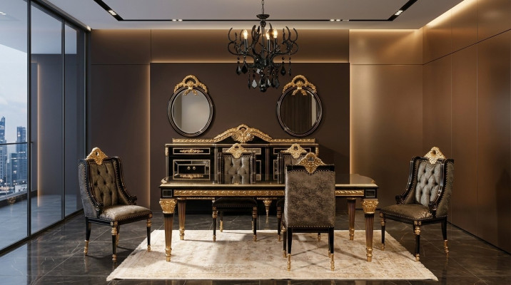 Zwarte klassieke eetkamer set Eettafel 4x stoelen Vitrine 7-delige