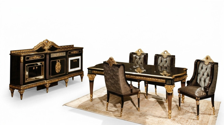 Zwarte klassieke eetkamer set Eettafel 4x stoelen Vitrine 7-delige