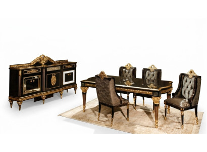 Zwarte klassieke eetkamer set Eettafel 4x stoelen Vitrine 7-delige