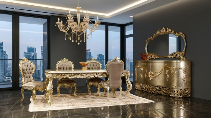Klassieke eetkamerset eettafel 4x stoelen dressoir spiegel 8 delig