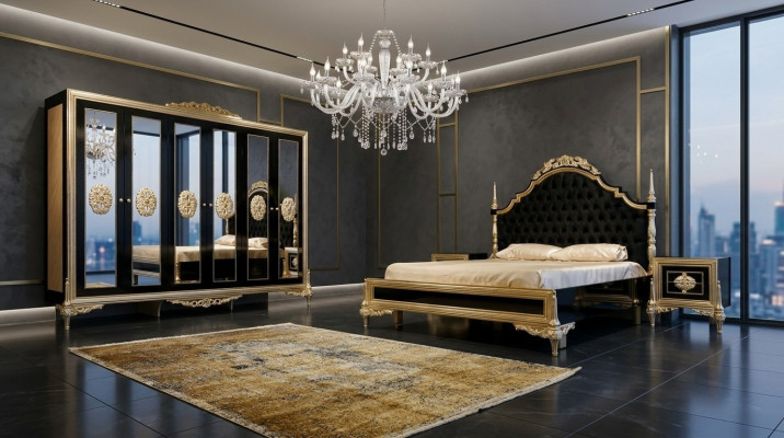 Zwarte slaapkamer set Luxe bed 2x nachtkastjes dressoir kast