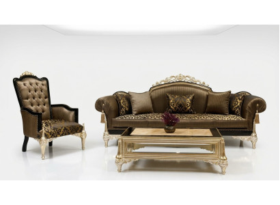 Bruine Chesterfield woonkamerbanken van 3 zits, textiel fauteuil, salontafel.