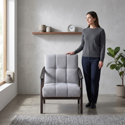 Ontwerper grijze fauteuil woonkamer zitmeubels Luxe houten frame Nieuw