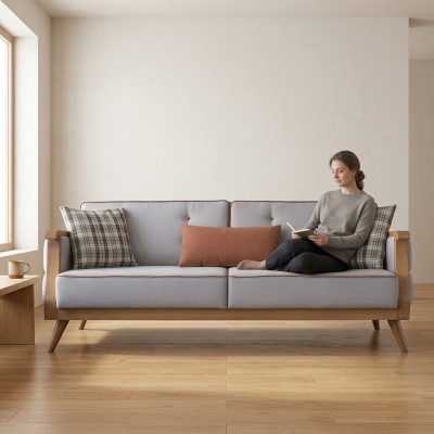 Blauw stoffen bankstel woonkamer driezits gestoffeerd meubilair houten frame bank