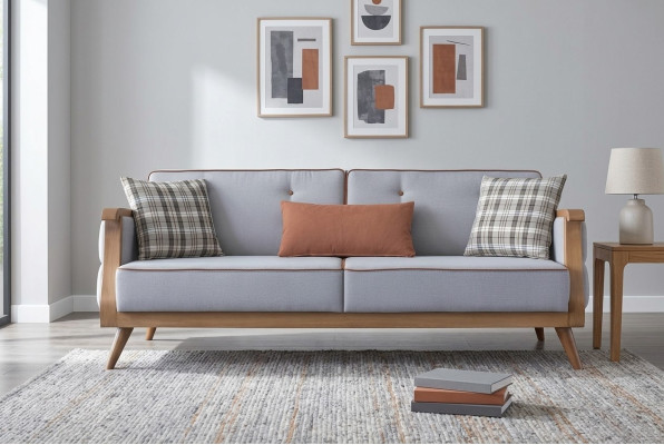 Blauw stoffen bankstel woonkamer driezits gestoffeerd meubilair houten frame bank