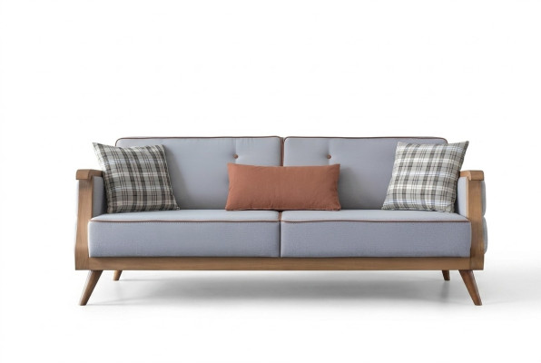 Blauw stoffen bankstel woonkamer driezits gestoffeerd meubilair houten frame bank