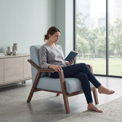 Blauwe exclusieve fauteuil woonkamer armleunstoel éénzitter houten frame nieuw