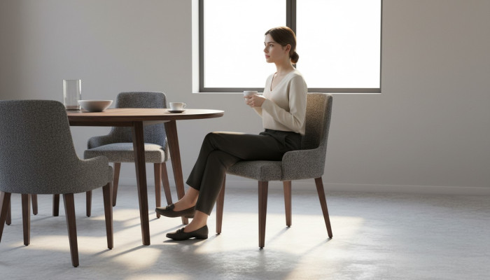 Exclusieve grijze stoel met bruine houten poten design eetkamer noviteit.