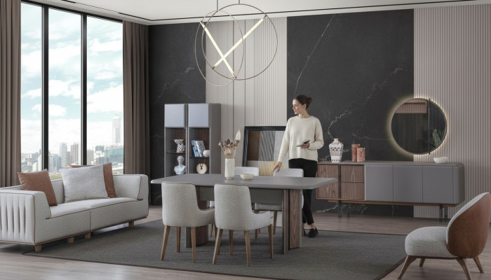 Eetservice bestaat uit eettafel, 4 stoelen en dressoir met spiegel 7-delig.