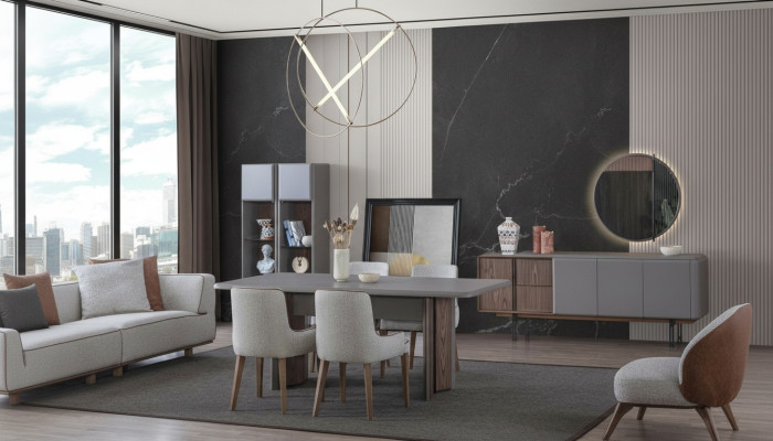 Eetservice bestaat uit eettafel, 4 stoelen en dressoir met spiegel 7-delig.