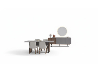 Eetservice bestaat uit eettafel, 4 stoelen en dressoir met spiegel 7-delig.