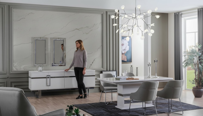 Ontwerp Eetkamer Set Eettafel + 4x Stoelen + Dressoir met 2x Spiegel 8-delig