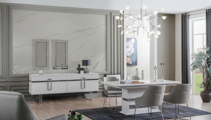 Ontwerp Eetkamer Set Eettafel + 4x Stoelen + Dressoir met 2x Spiegel 8-delig