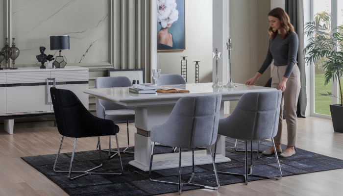 Exclusieve eetkamerset bestaande uit een eettafel met 7 delen en 6 stoelen, nieuw.