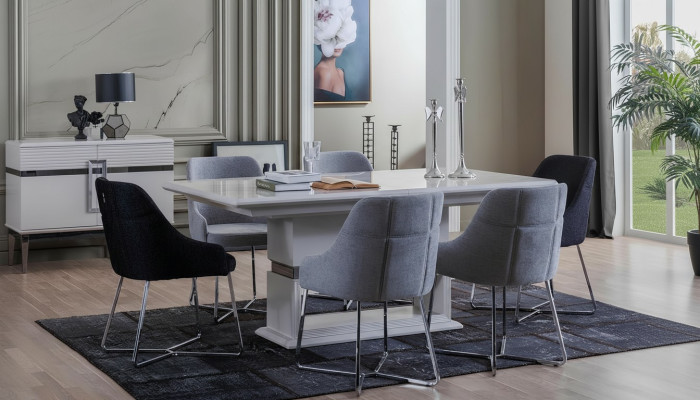 Exclusieve eetkamerset bestaande uit een eettafel met 7 delen en 6 stoelen, nieuw.