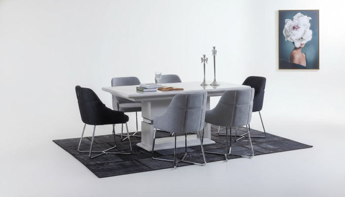 Exclusieve eetkamerset bestaande uit een eettafel met 7 delen en 6 stoelen, nieuw.
