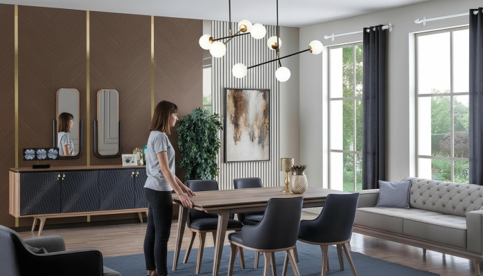 Luxe eetkamerset eettafel + 4x stoelen + dressoir met 2 spiegels Nieuw