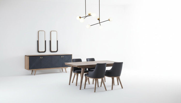Luxe eetkamerset eettafel + 4x stoelen + dressoir met 2 spiegels Nieuw