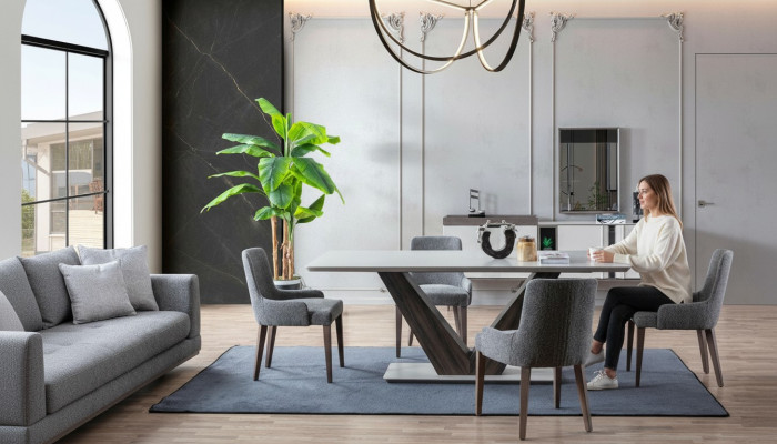 Luxe eetkamerset eettafel 4x stoelen + dressoir met spiegel Nieuwe set
