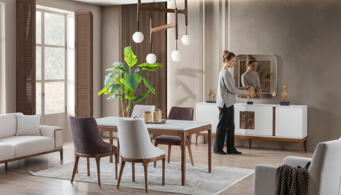 Luxe eetkamerset Eettafel 4x stoelen Dressoir Spiegel 7-delig Modern