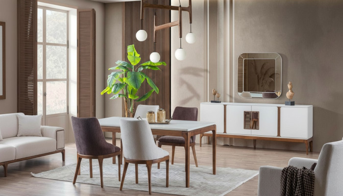 Luxe eetkamerset Eettafel 4x stoelen Dressoir Spiegel 7-delig Modern