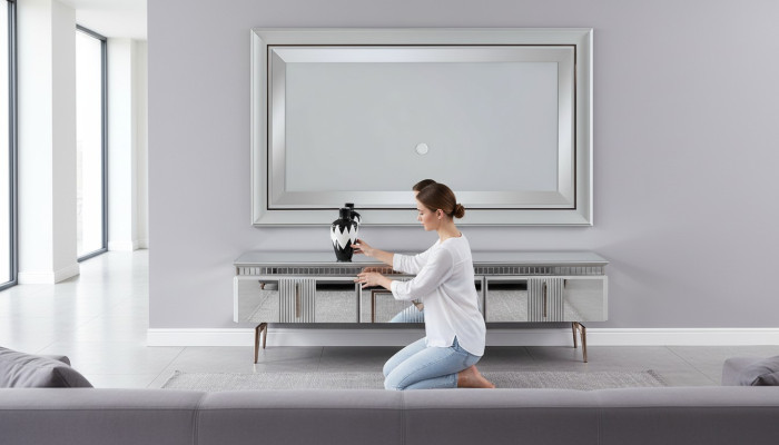 Woonkamer woonkamer grijs meubels dressoir tv wandpaneel paneel 2-delig.